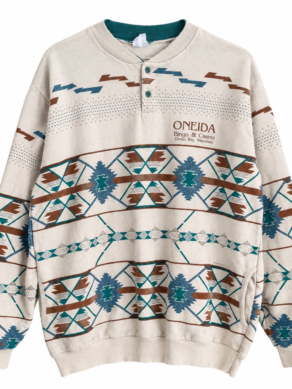 Oneida Beige Southwestern Crewneck with Teal & Brown Pattern